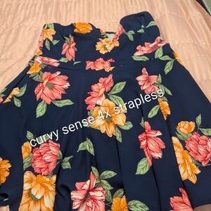 Curvy Sense Strapless Floral Dress - Navy and Orange
